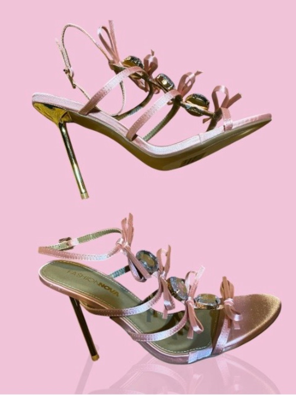Fashion Nova Light Pink Bow-Strap Stiletto Sandals with Gold Heel
Prom, wedding